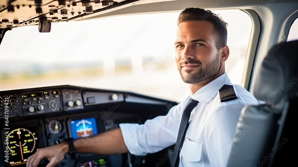 Portrait of handsome male pilot sitting in cockpit of airplane, Attractive smiling male pilot lookin