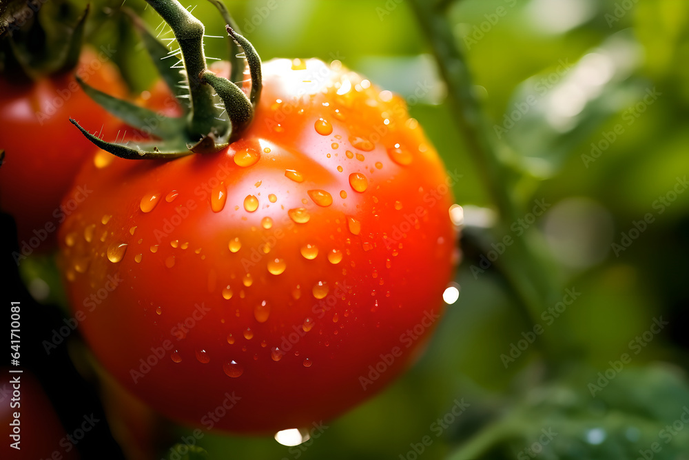 Close up of fresh red ripe unripe cluster heirloom tomato, beautiful tomatoes with water drops arran