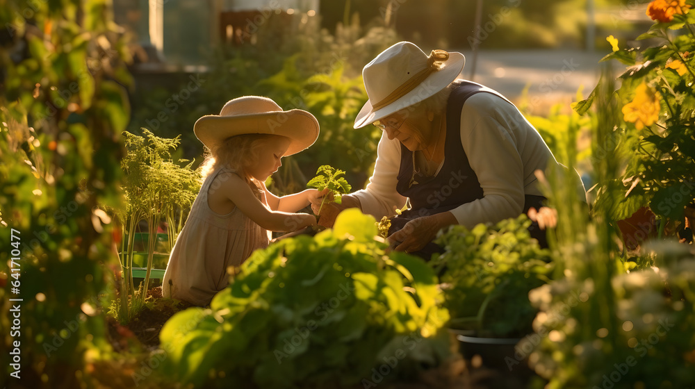 Happy grandmother and her granddaughter tending to their garden with love and care. Gardening with a