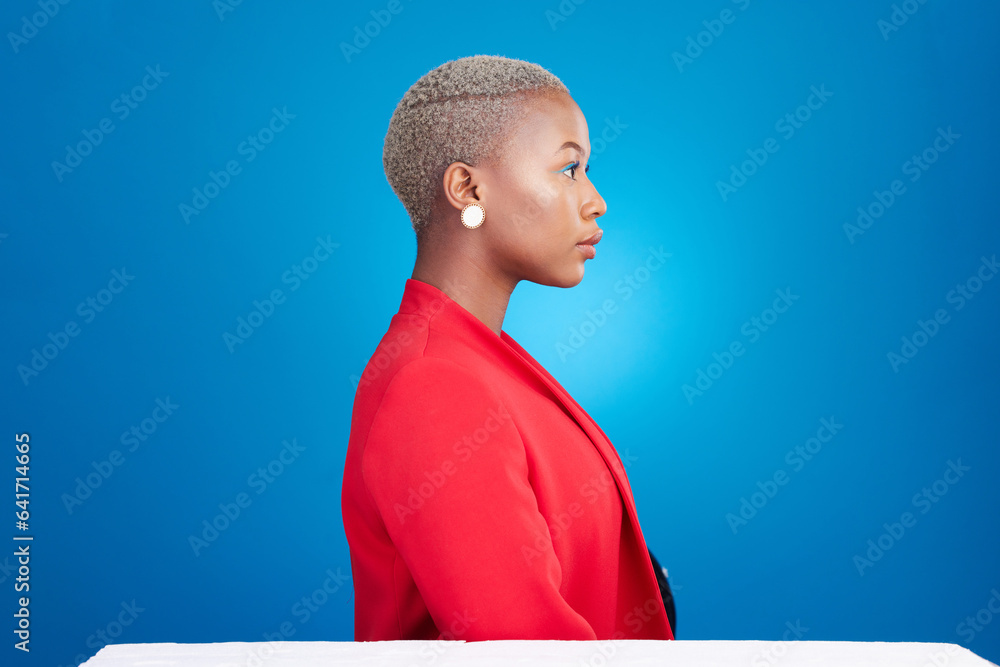 Profile, mockup and a business black woman in a red suit on blue background in studio as a professio