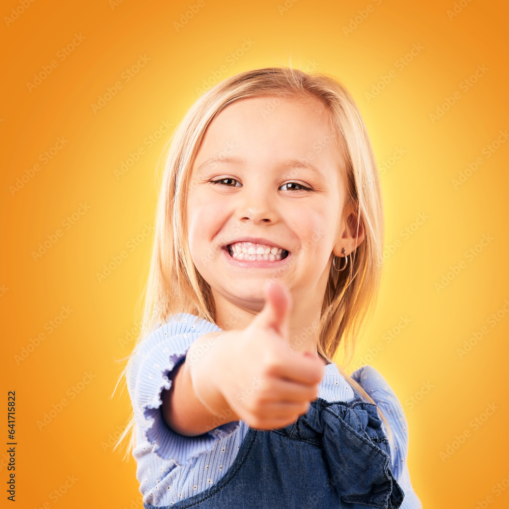 Child, happy portrait and thumbs up in studio for support, like emoji or yes for approval. Face of y