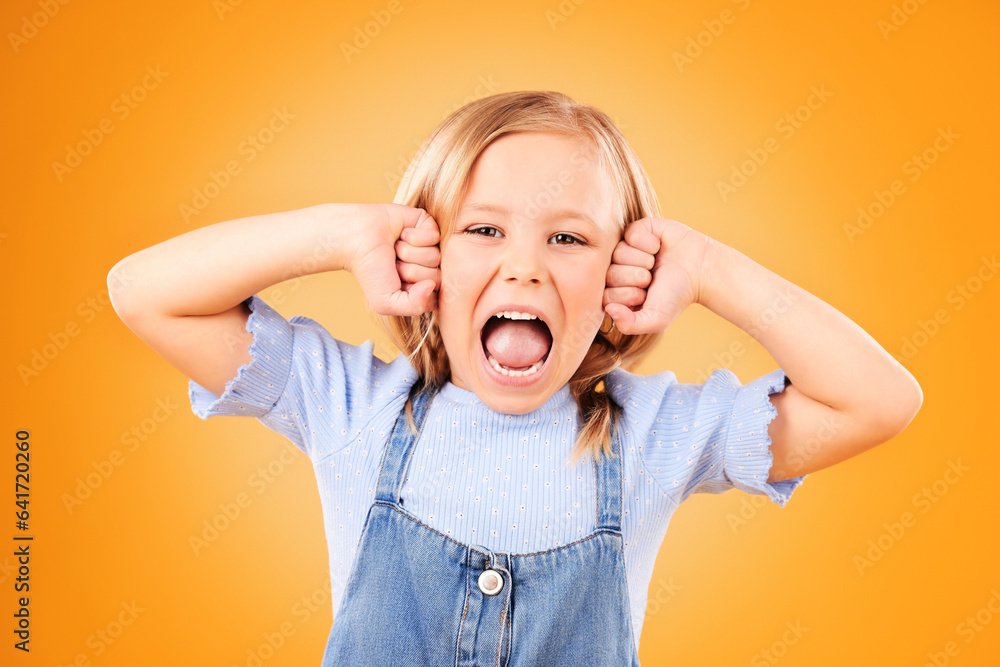 Portrait, girl and kid with anger, screaming or emoji with emotion on a yellow studio background. Fa