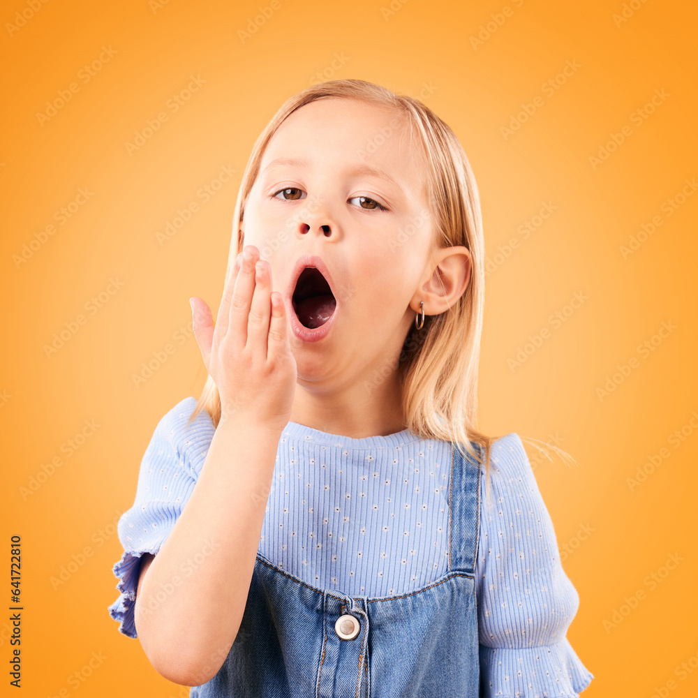 Tired, bored and yawn with portrait of child in studio for fatigue, exhausted and sleepy. Lazy, yout