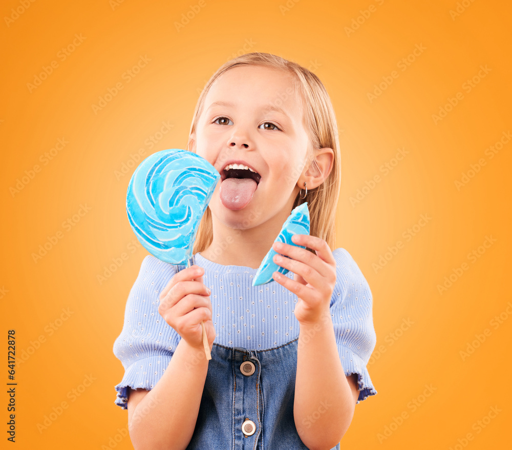 Child, eating lollipop or candy in studio for sweet tooth, color spiral or sugar for energy. Face of