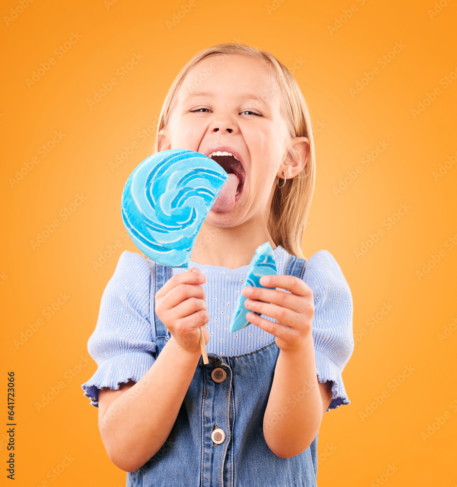 Lollipop, candy and portrait of a child in studio for sweets, color spiral or sugar for energy. Face