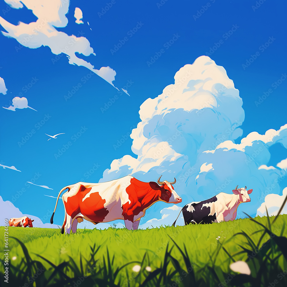 A herd of spotted cows grazing on pasture grassland under blue sky and white clouds