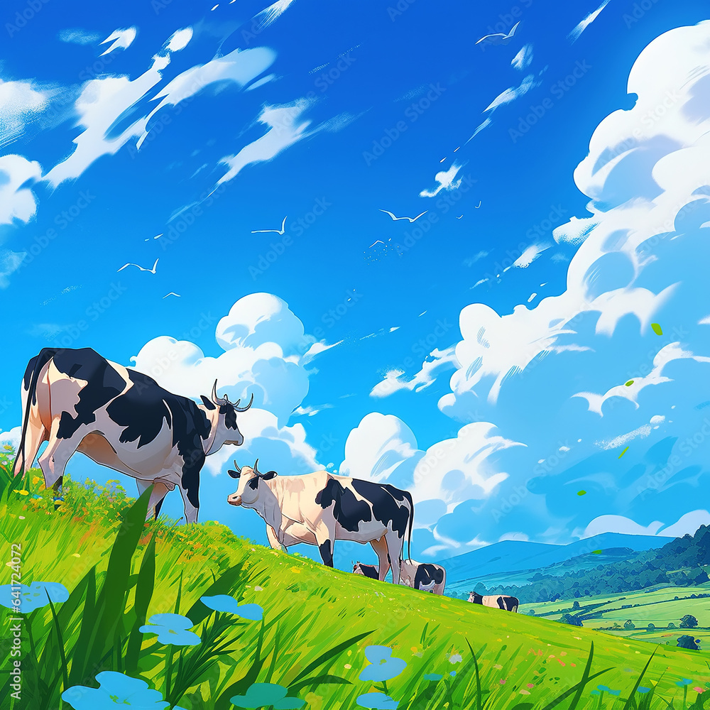 A herd of spotted cows grazing on pasture grassland under blue sky and white clouds