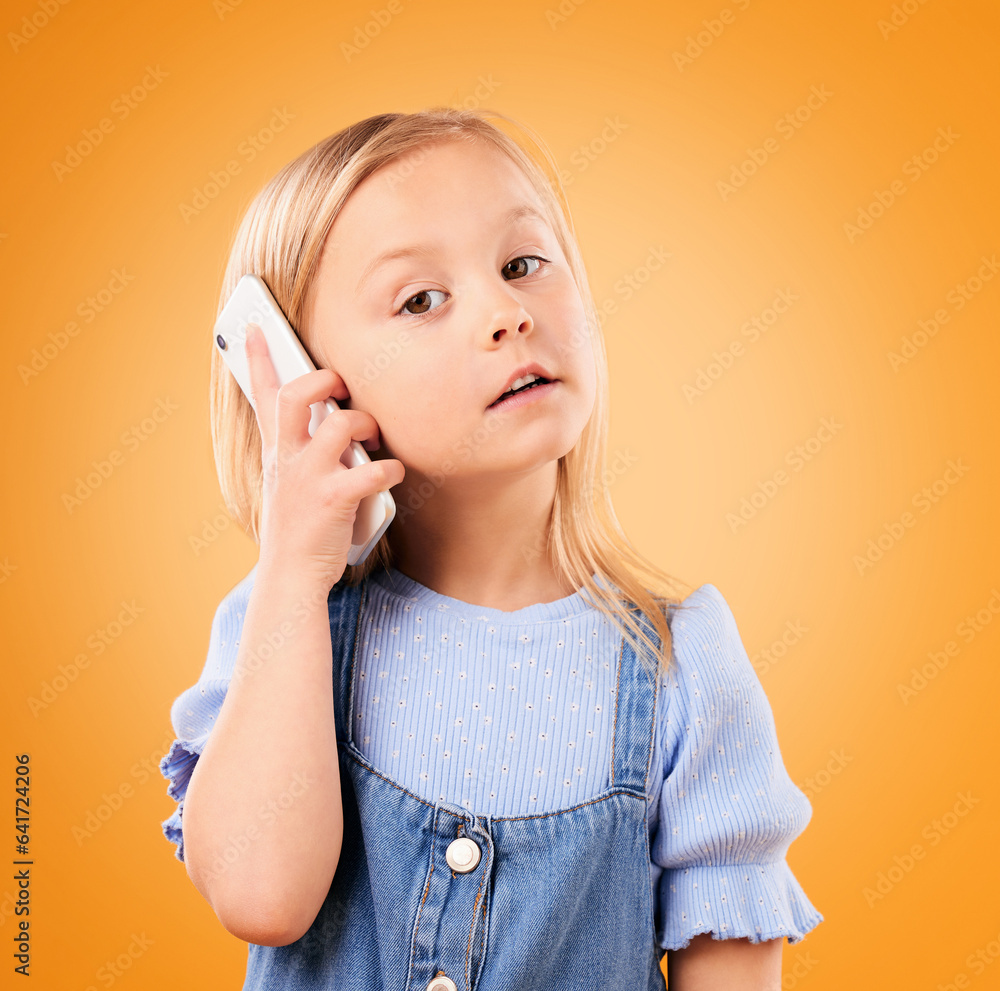 Portrait of child, phone call and talking in studio for digital contact, communication or mobile cha