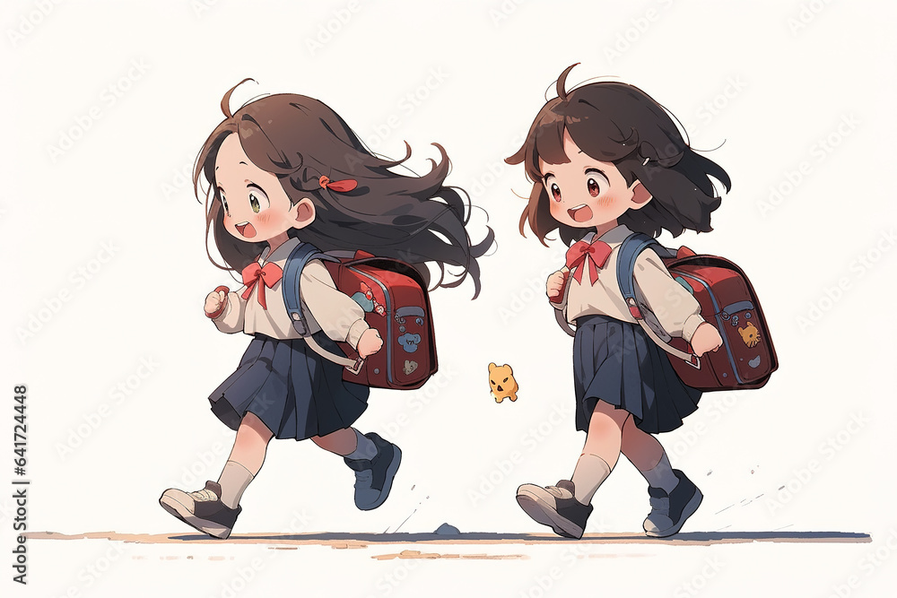 There are two happy girls on the street, wearing childrens clothing to go to school