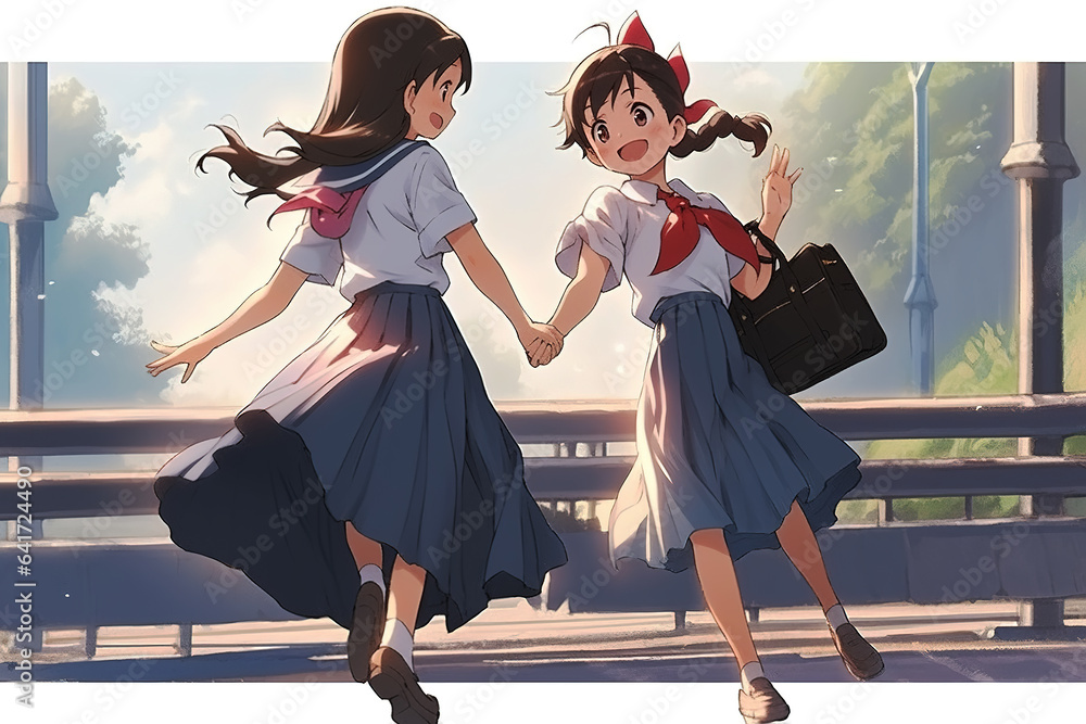 There are two happy girls on the street, wearing childrens clothing to go to school