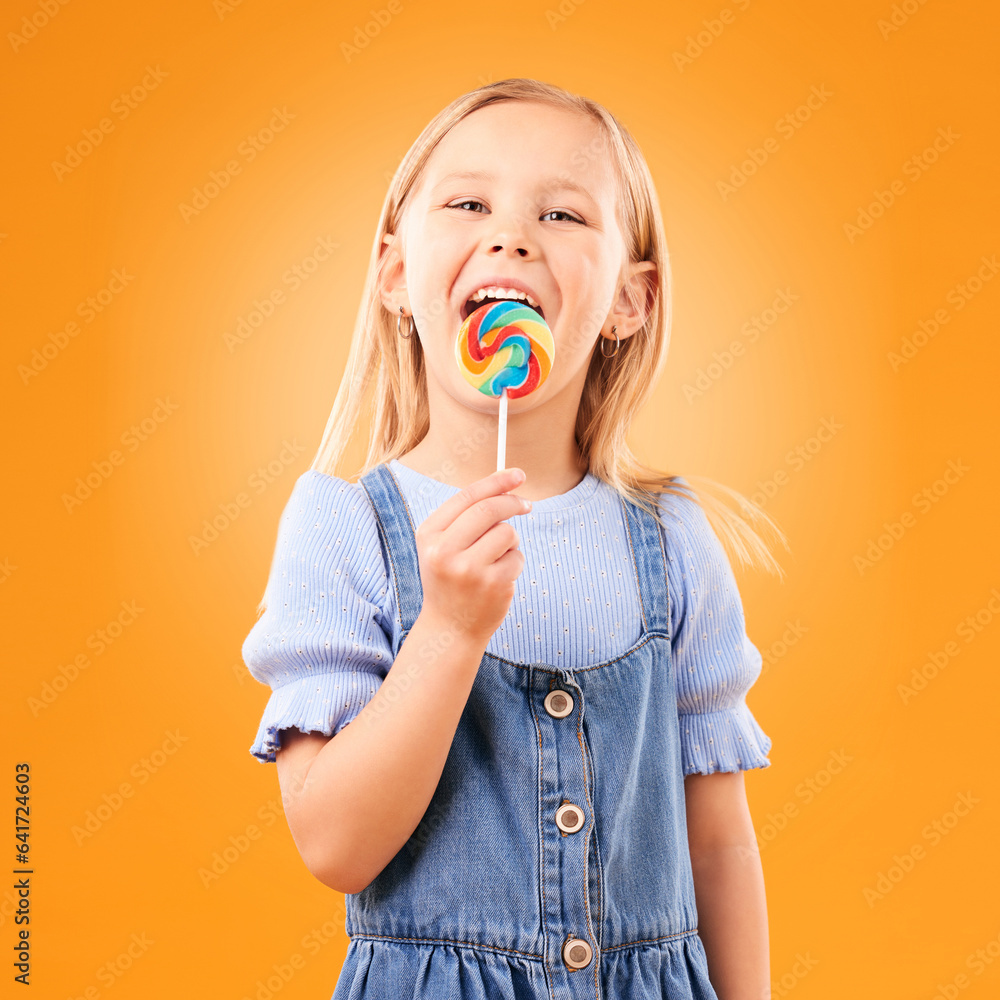 Lollipop, girl child and portrait of candy in hand, eating and studio for sweets, birthday party or 