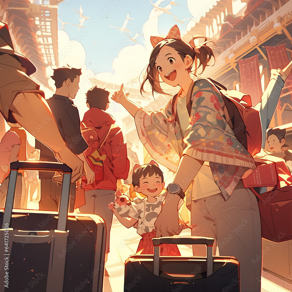 Happy family city walking vacation AI