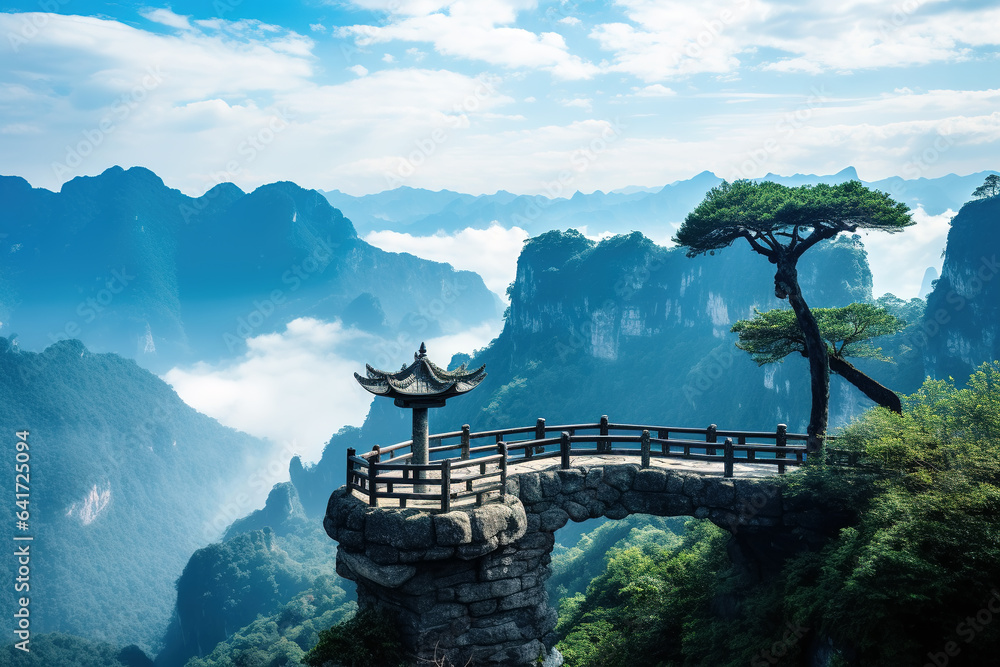 Chinese ancient buildings on the cliff outdoors