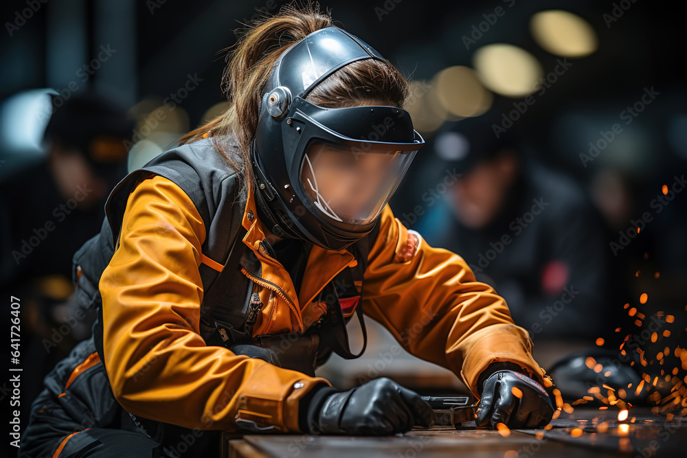 Factory workers welding in helmets; sending out sparks.