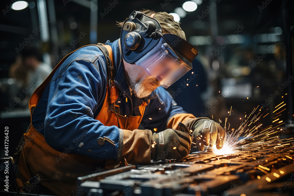 Factory workers welding in helmets; sending out sparks.