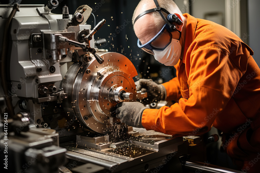 Factory workers welding in helmets; sending out sparks.