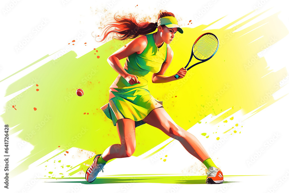 Contemporary art collage. Young girl, professional tennis player in motion during a match on an abst