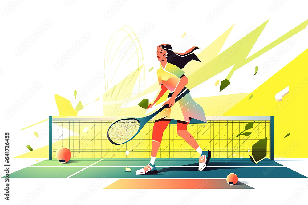 Contemporary art collage. Young girl, professional tennis player in motion during a match on an abst