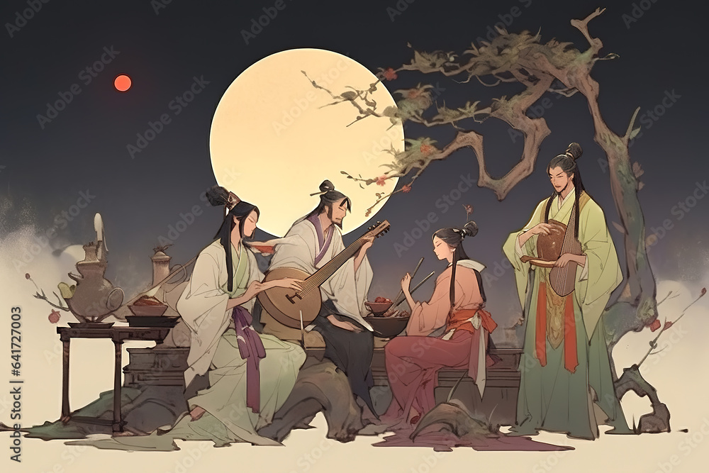 Ancient Chinese poet Li Bai composes poems under the moonlight