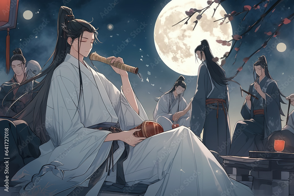 Ancient Chinese poet Li Bai composes poems under the moonlight