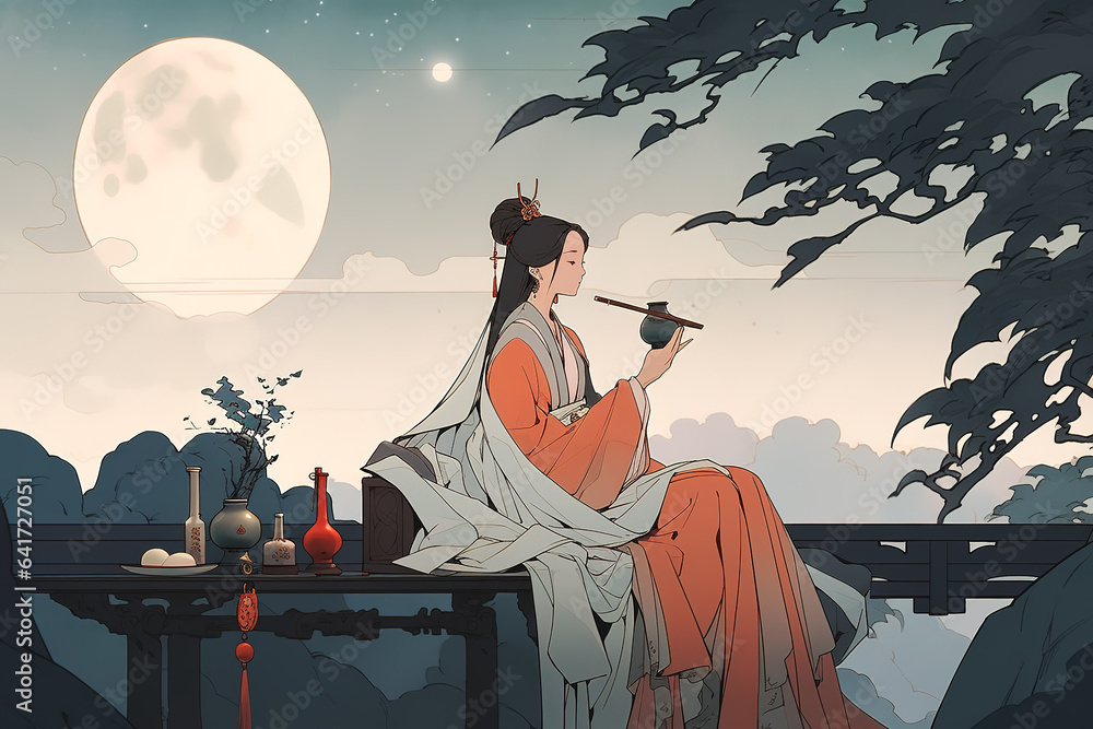 Ancient Chinese poet Li Bai composes poems under the moonlight