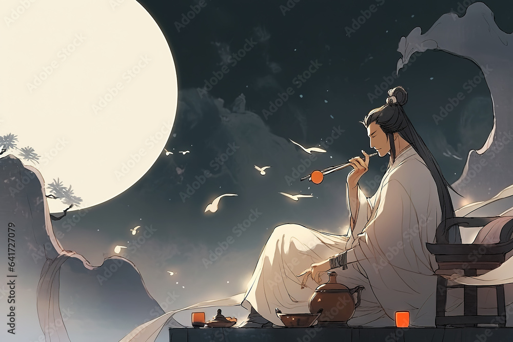 Ancient Chinese poet Li Bai composes poems under the moonlight