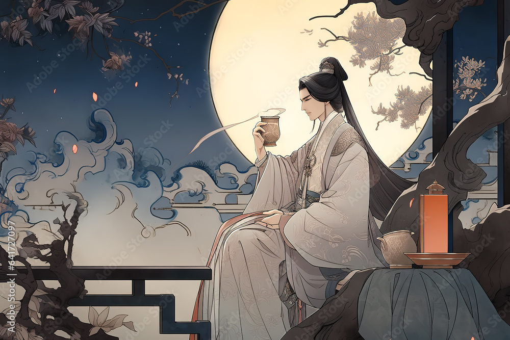 Ancient Chinese poet Li Bai composes poems under the moonlight