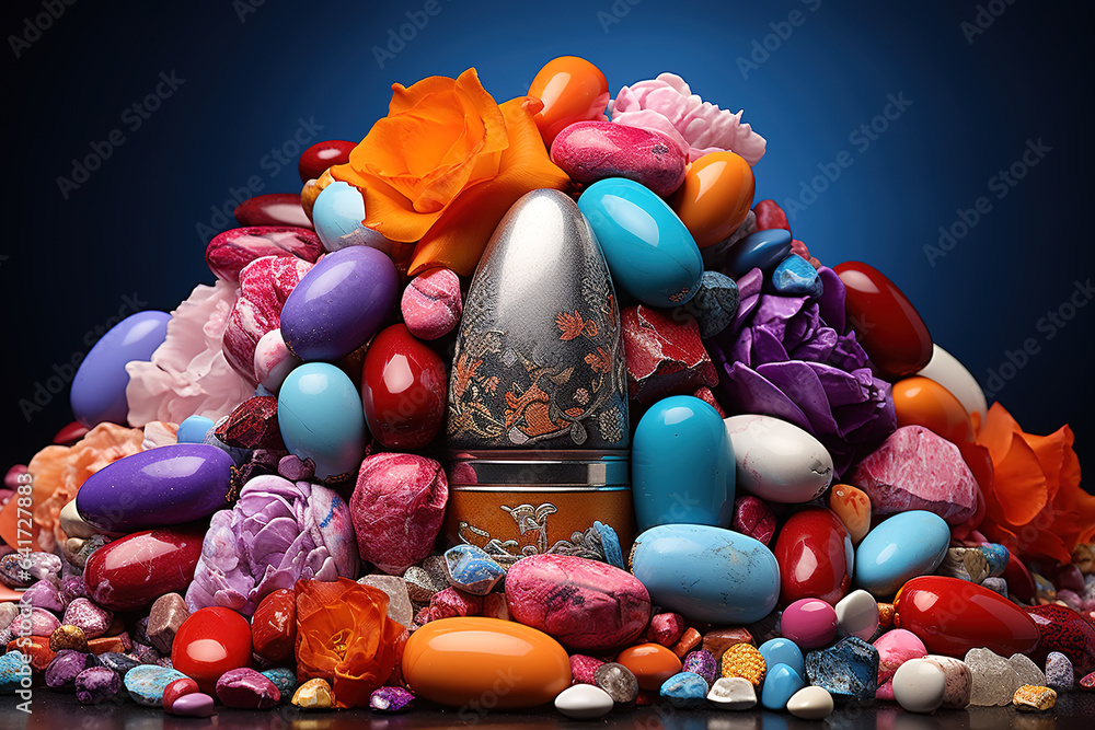 Colorful pebbles under blue sky and white clouds