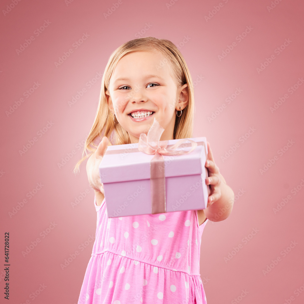 Studio, giving present portrait of a child for birthday, holiday or happy celebration. Excited girl 