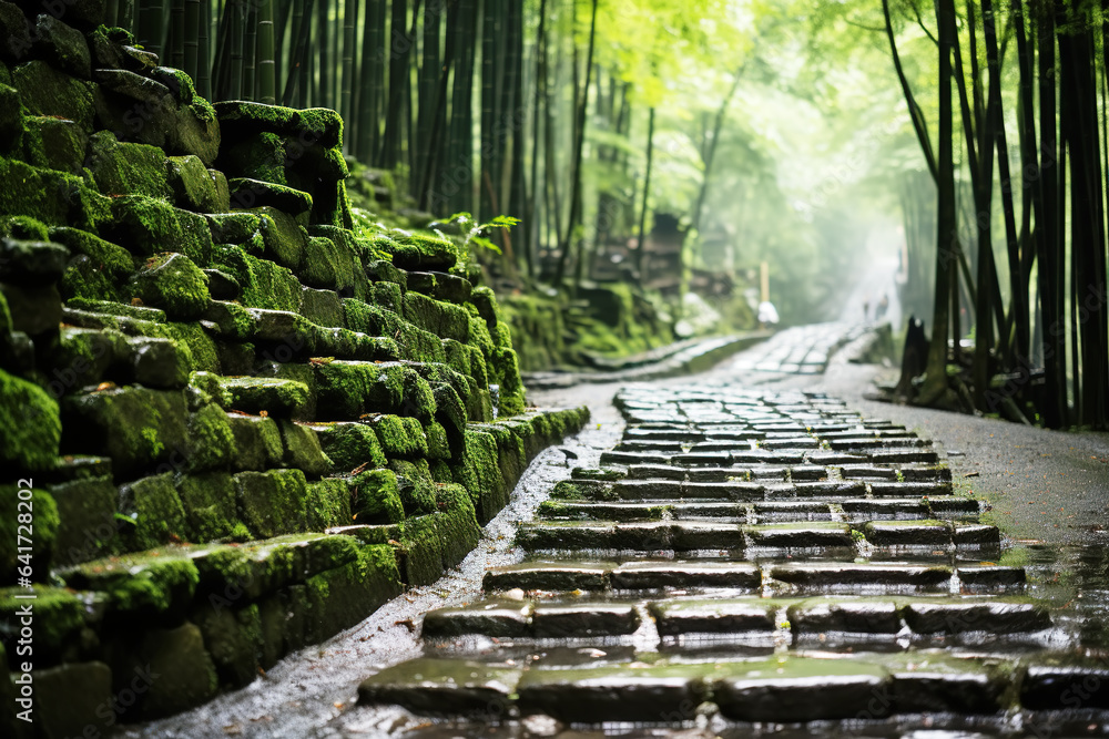 Country gravel road (lane) through lush green linden trees. soft sunlight,