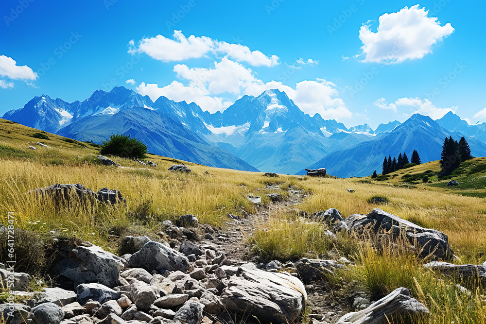 snow mountain and farm under blue sky and white clouds