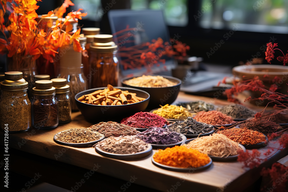 Various seasonings on table in home kitchen