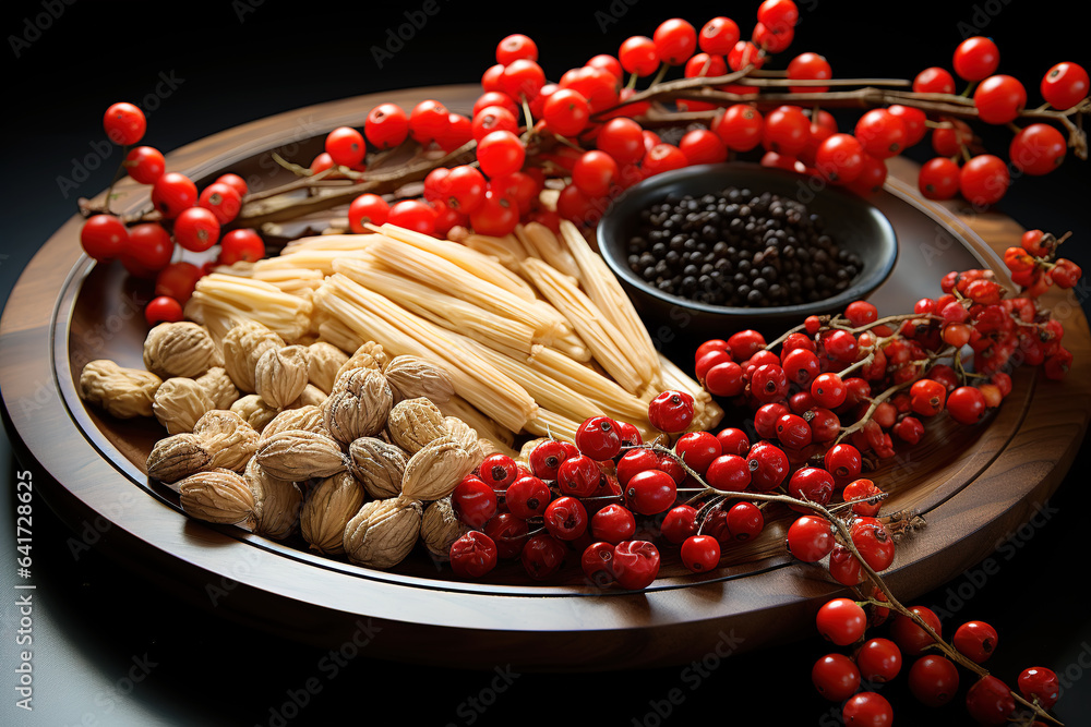 Fresh spices and herbs isolated on black color background