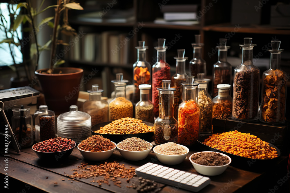 Various seasonings on table in home kitchen