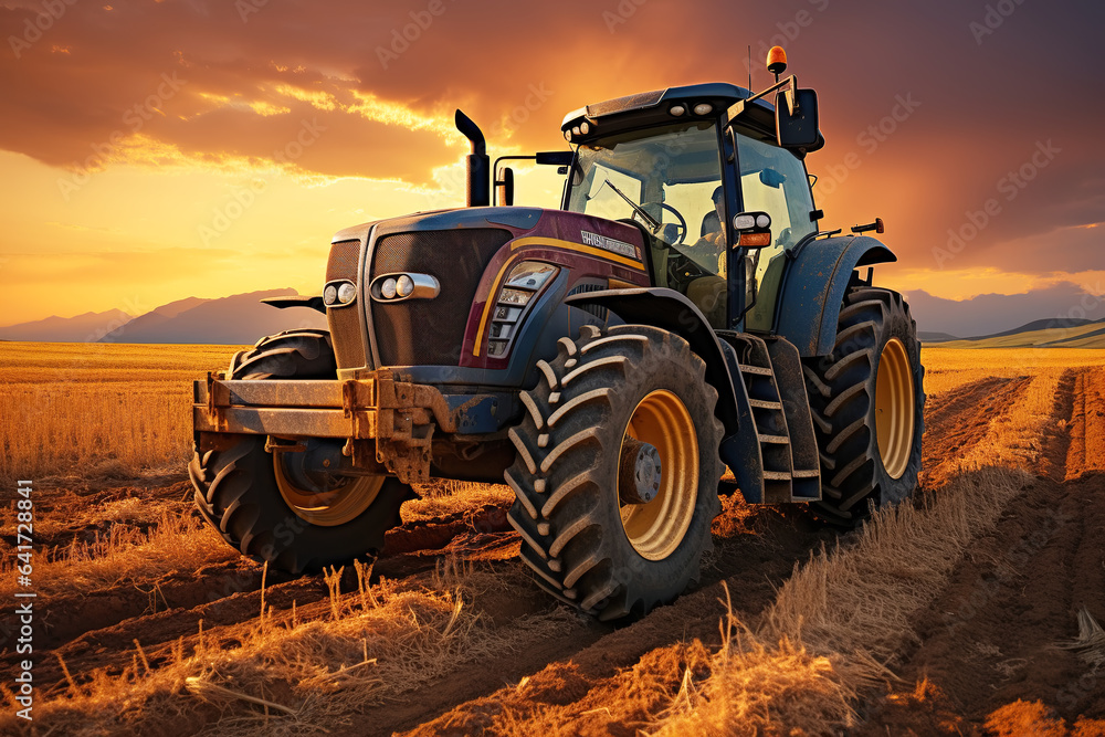 farm wheat field harvester under sunset