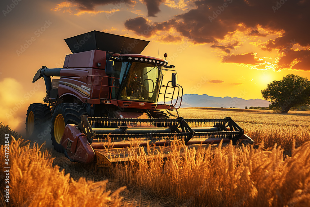 farm wheat field harvester under sunset