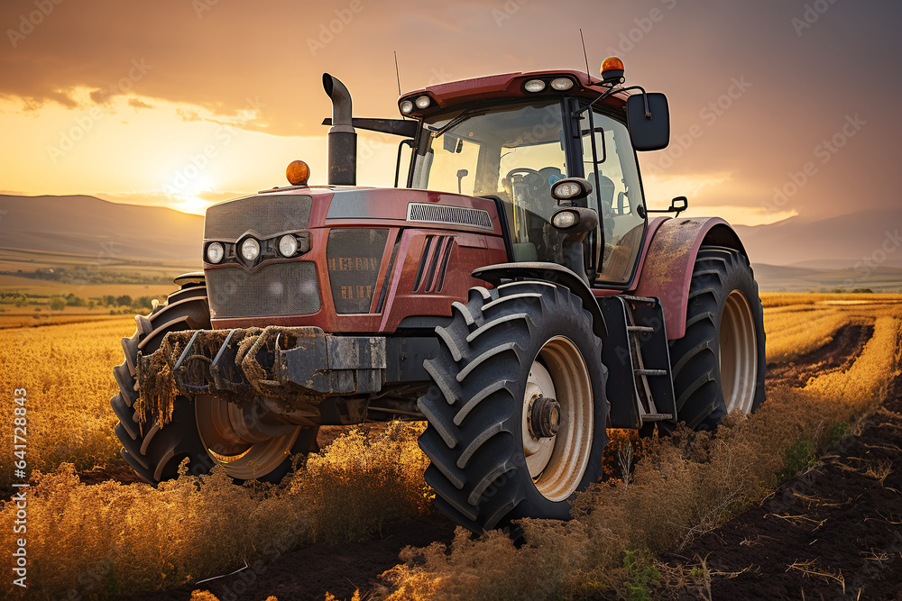 farm wheat field harvester under sunset