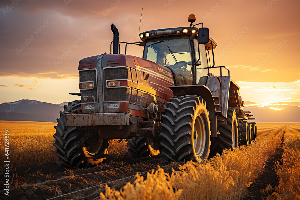 farm wheat field harvester under sunset