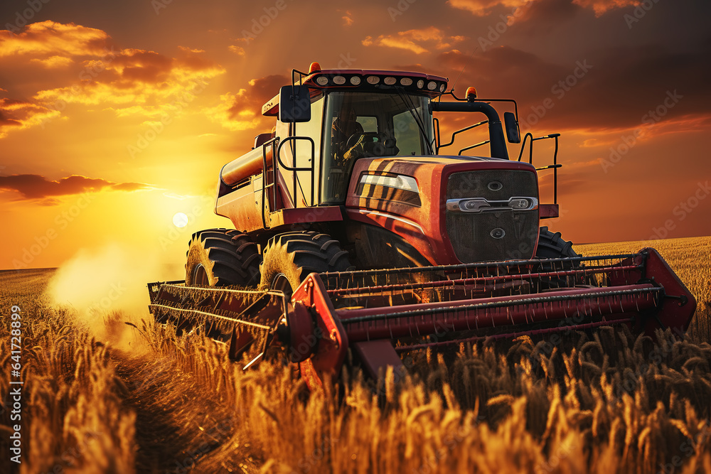 farm wheat field harvester under sunset