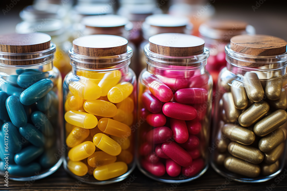 Colorful bottled sugar cubes on black background