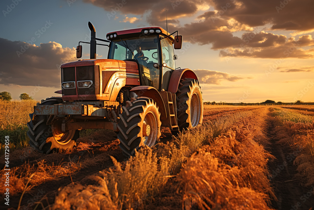 farm wheat field harvester under sunset