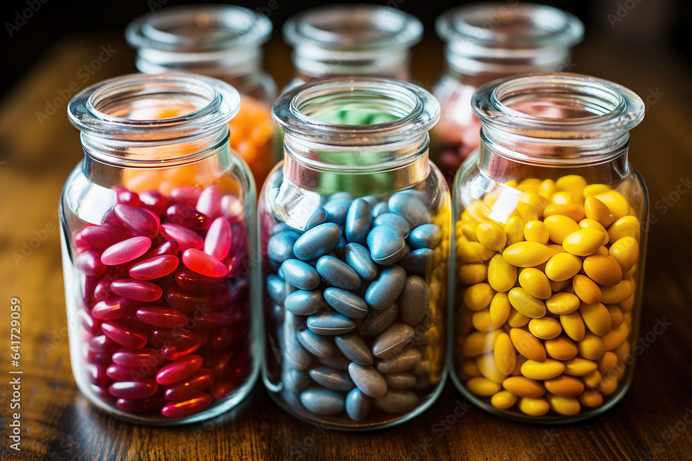 Colorful bottled sugar cubes on black background