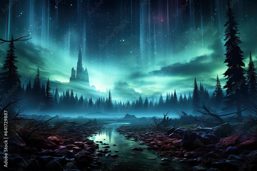   AI beautiful northern lights landscape in winter