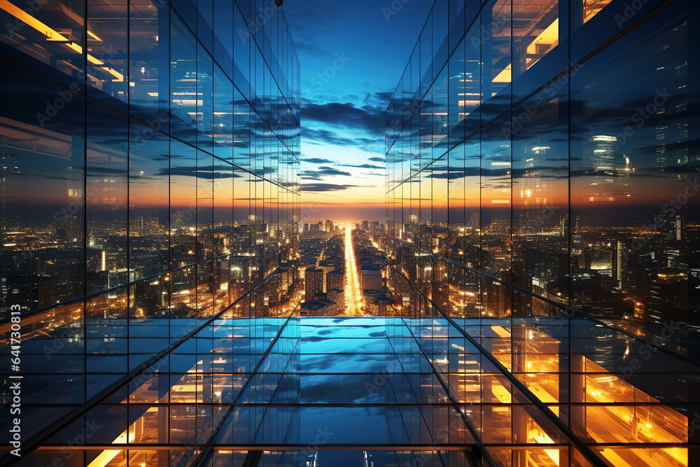 night scene of glass curtain wall of modern building