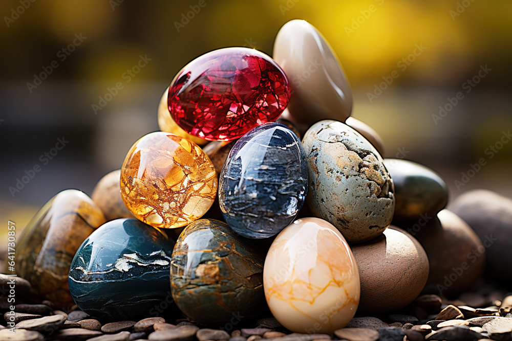 Pile of colored pebbles on a black background