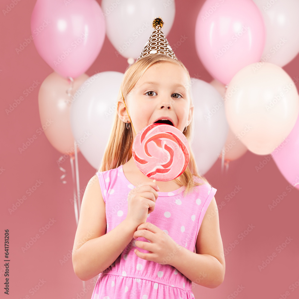 Balloons, lollipop and portrait of child on pink background for birthday party, celebration and spec