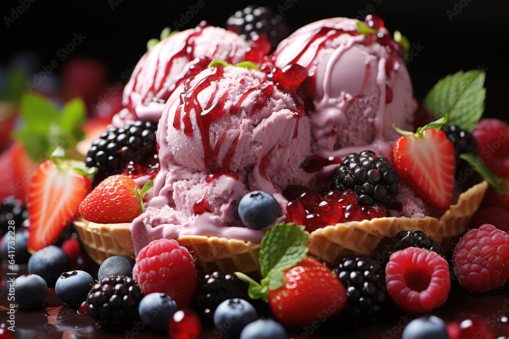 Raspberry strawberry ice cream in a plate on a black background