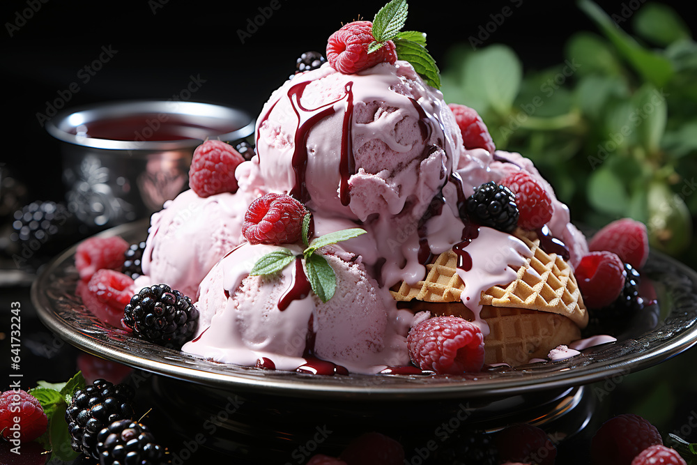 Raspberry strawberry ice cream in a plate on a black background