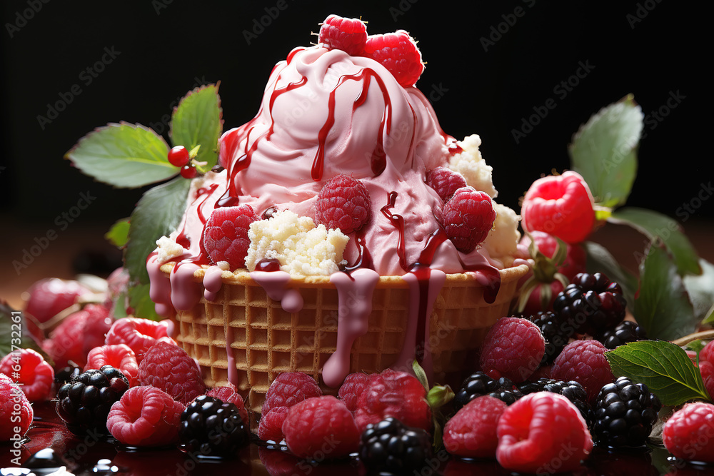 Raspberry strawberry ice cream in a plate on a black background