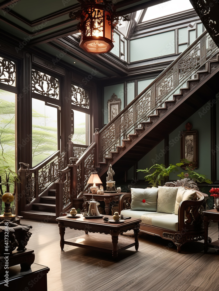 Interior view of living room in Chinese style mansion